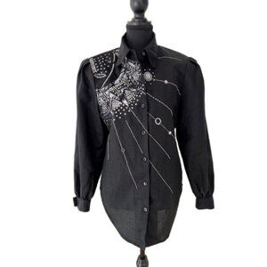 TOP TOPS Vintage Embellished Black Button Front Blouse Sequins Beads 80 s Vibes